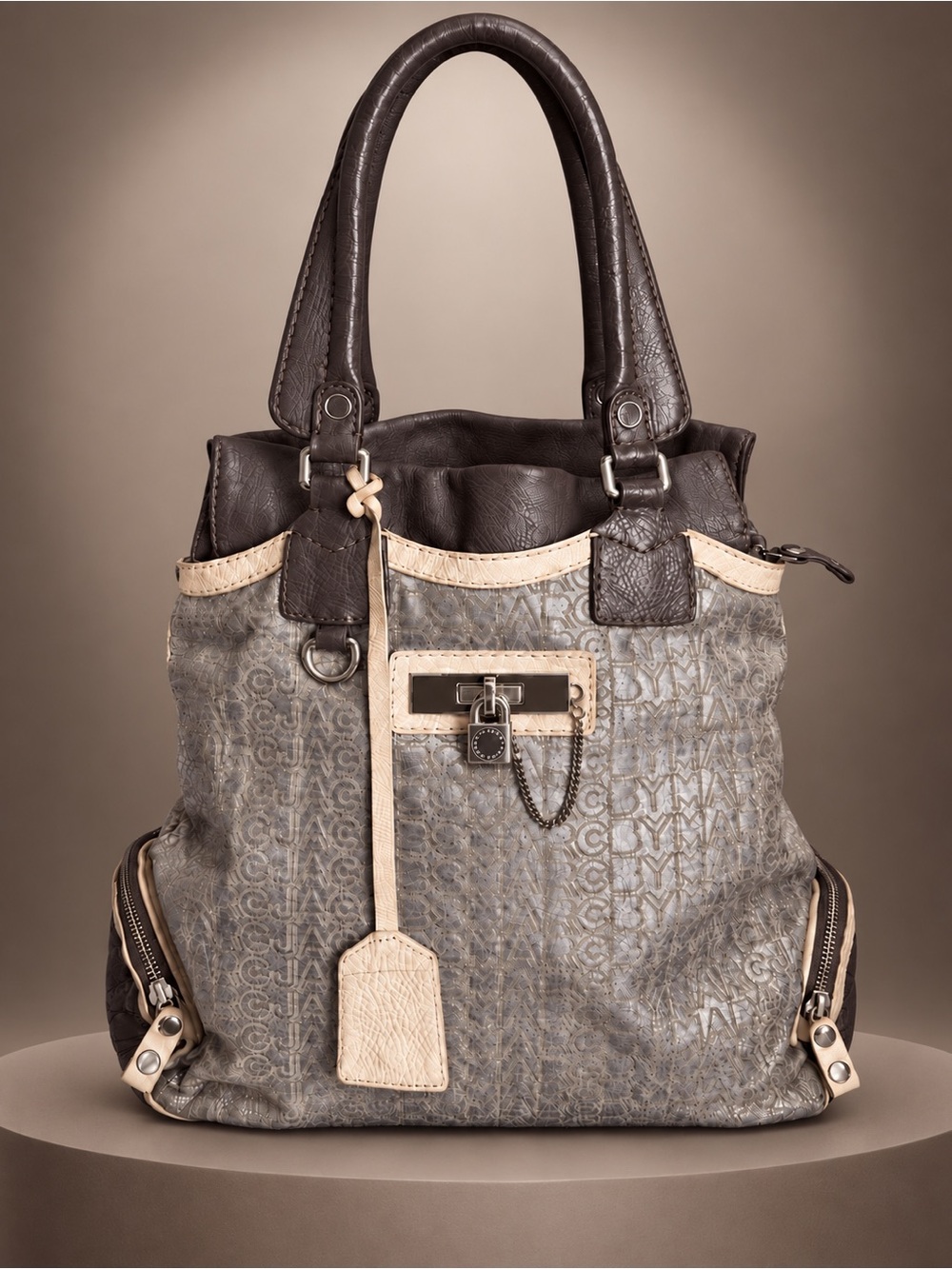 Marc by Marc Jacobs Large Metallic Silver Signature Leather Tote Bag Rare